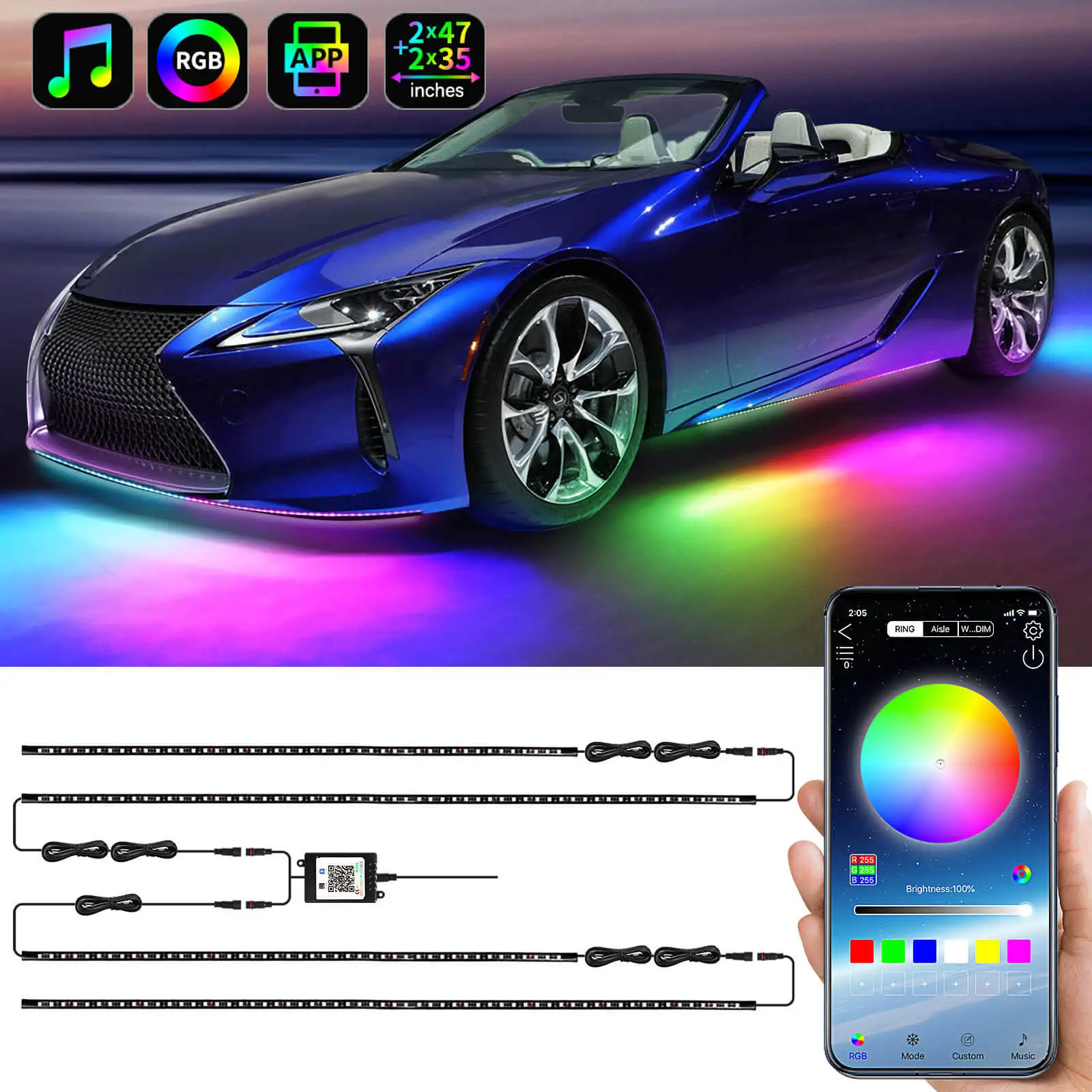 

4Style 12V Flowing Color RGB LED Strip Under Car 90*120 Tube Underglow Underbody System Neon Light Bluetooth App Control