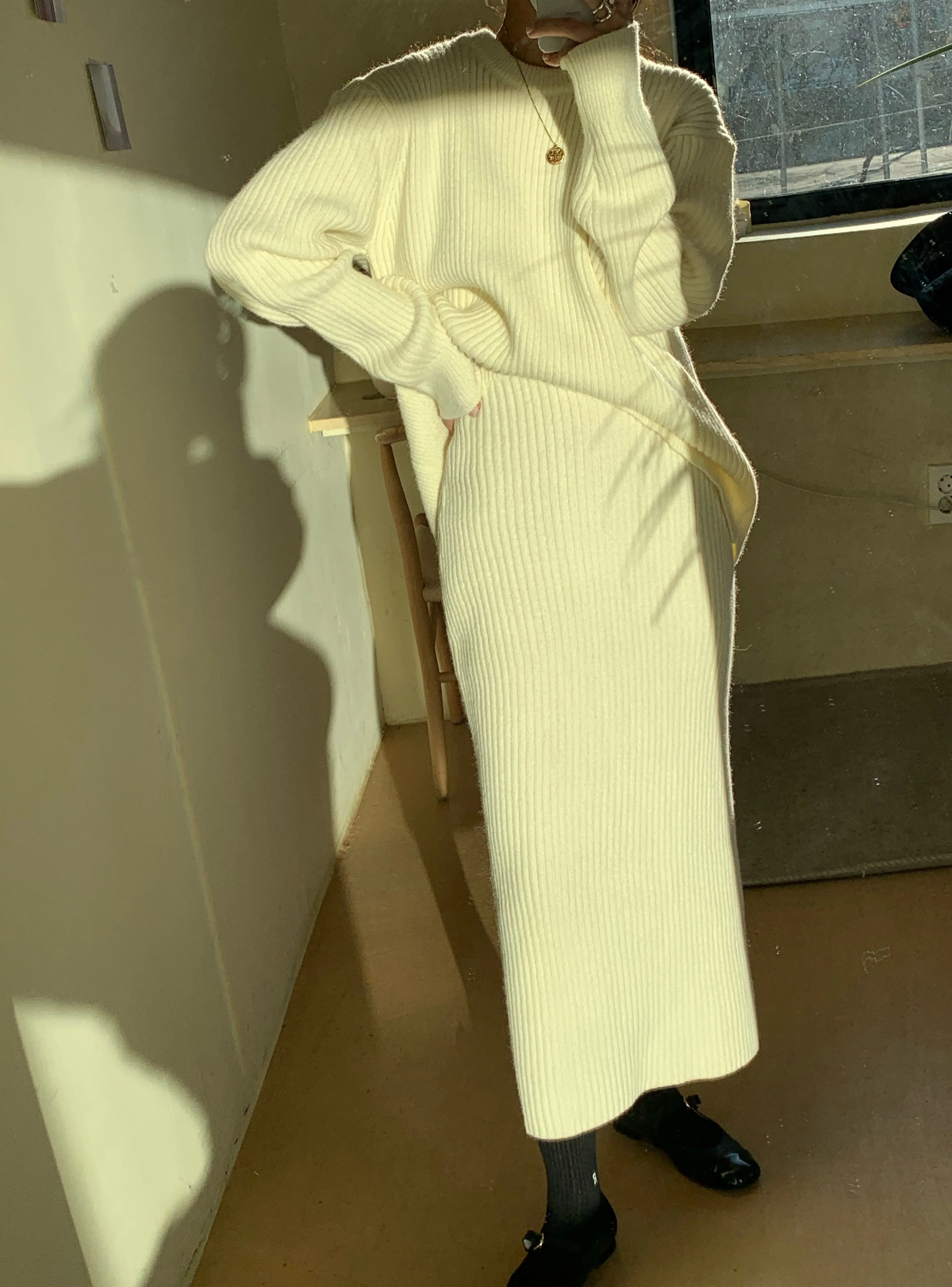 Warm Autumn Winter Two-Piece Set O-Neck Loose Sweater With High Waist Bag Hip Knitted Pencil Skirt Setup Women'S Stripe Outfit |