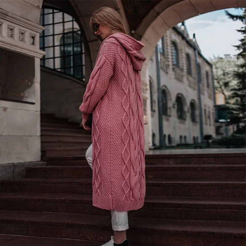 CHANWELL женский свитер длинное пальто длинный рукав однотонное винтажное Женское пальто с капюшоном зима 5XL плюс размер толстовки теплая верхняя одежда