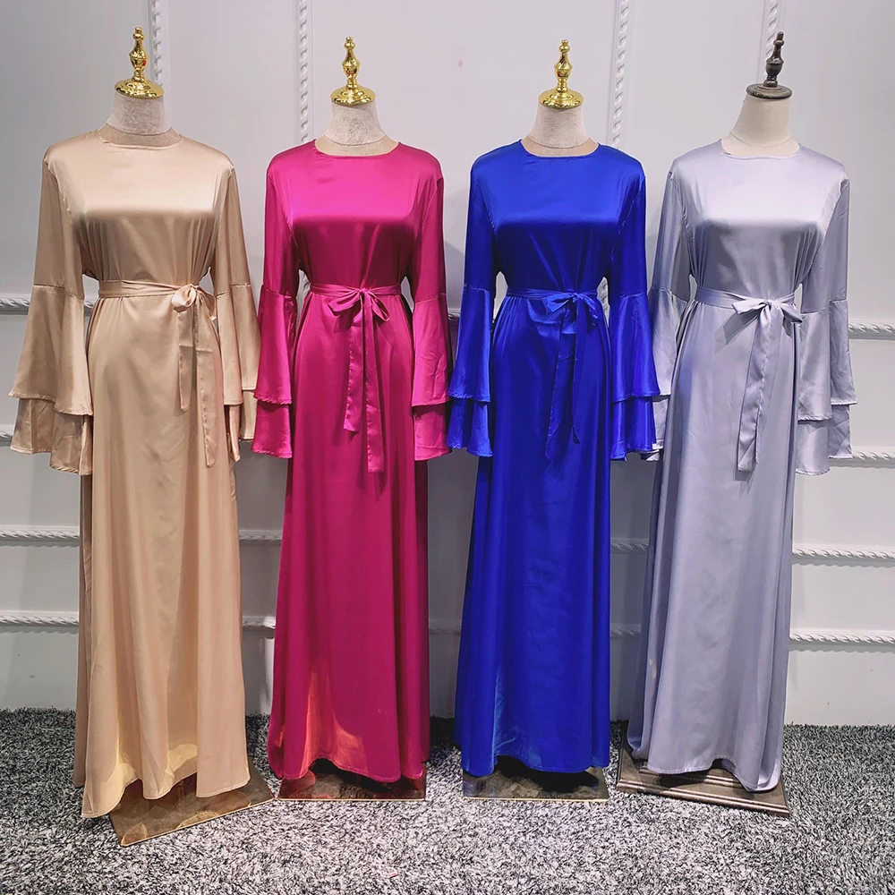 

Ramadan Eid Women Summer Abaya Dress Maxi Loose Satin Long Layered Flare Sleeve A line Muslim Dubai Arab Plain Gown Party 2021