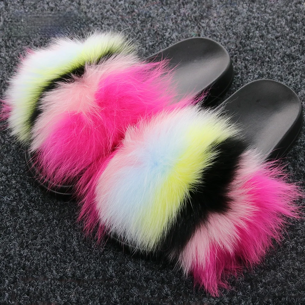 

Summer Kids Fur Slippers Fluffy Raccoon Fur Slides Children Furry Real Fox Fur Flip Flops Indoor Flat Shoes Girls Fur Sandals