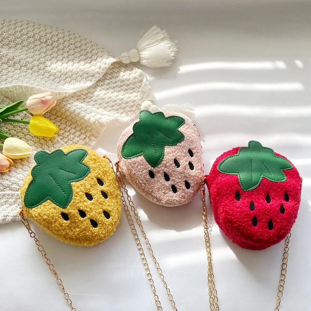 

Cute Strawberry Cartoon Mini Crossbody Bags for Children Girls Autumn Winter Lamb Wool Shoulder Bags Kids Small Purse Wallet