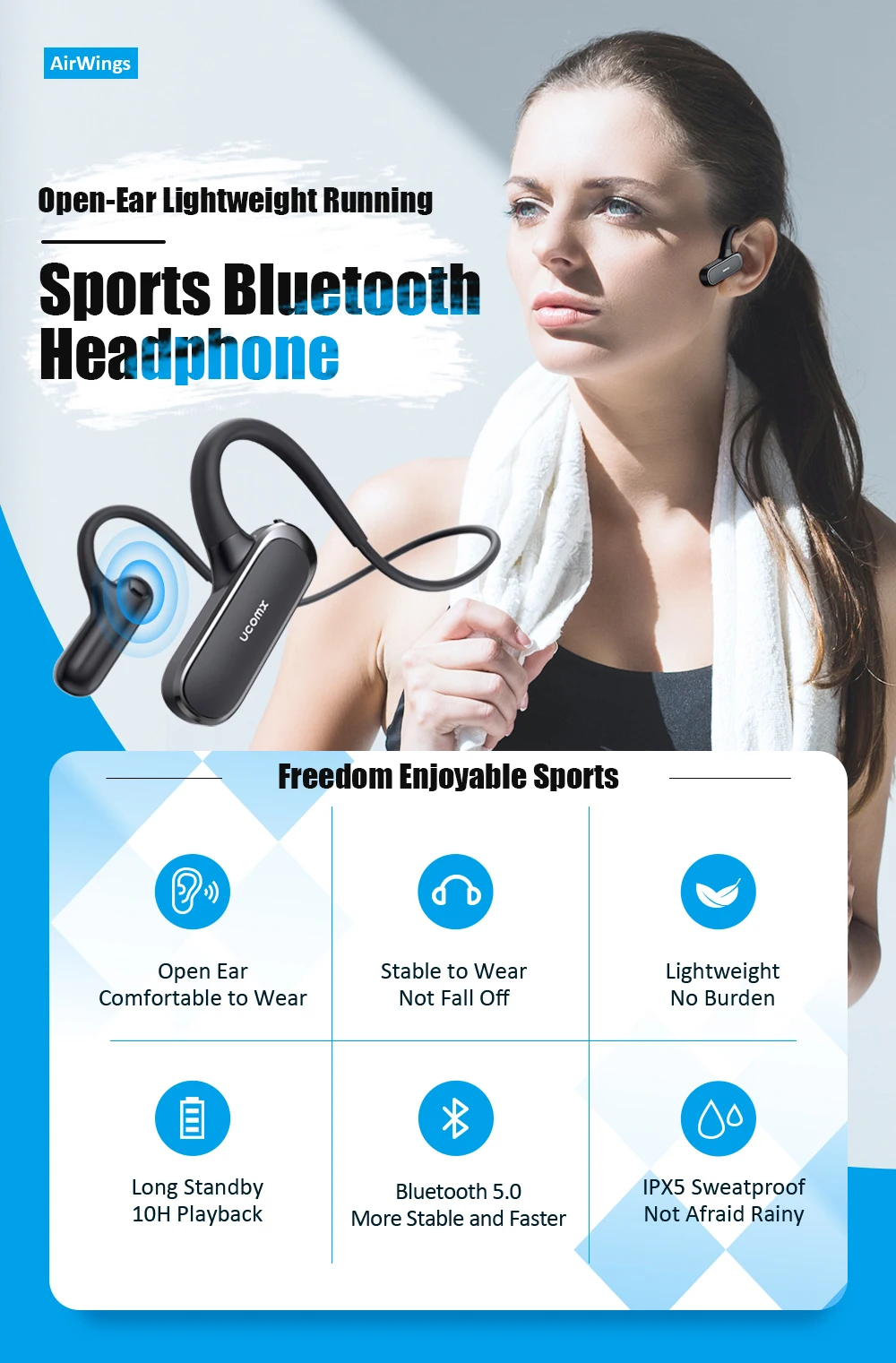 UCOMX Airwings, Bluetooth наушники, открытые наушники 5,0, беспроводные наушники с микрофоном, Спортивная bluetooth-гарнитура для iPhone, samsung, Xiaomi