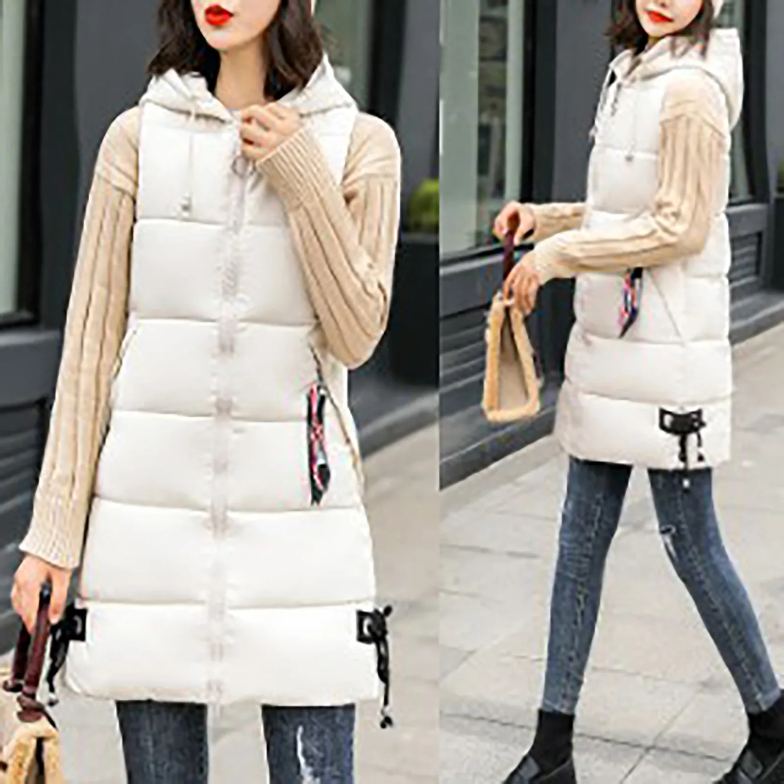 

Красивая зимняя Осенняя женская теплая куртка, женское однотонное хлопковое пальто средней длины без рукавов с капюшоном, облегающее пальт...