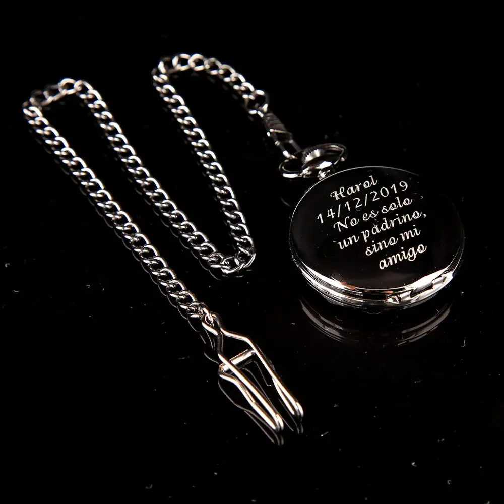 Custom Engraved Men Black Pocket Watch Personalized Quartz Fob Pocket Watches Pendant with Chain Jewelry Gift for Grandpa Father