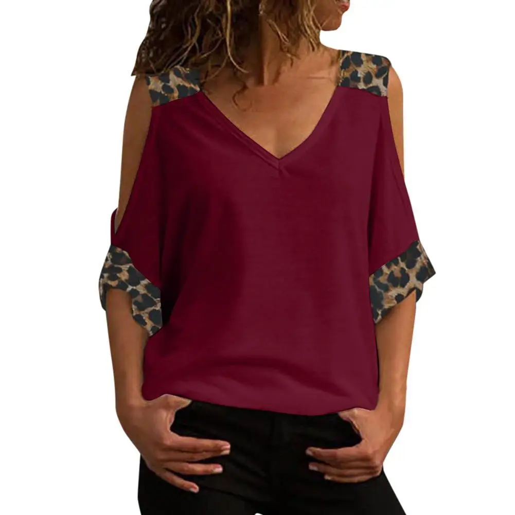 

Women Fashion Half Sleeve V Neck Tops Cotton Cold Shoulder Leopard Patchwork Female Casual Loose Streetwear T-shirt Blouse