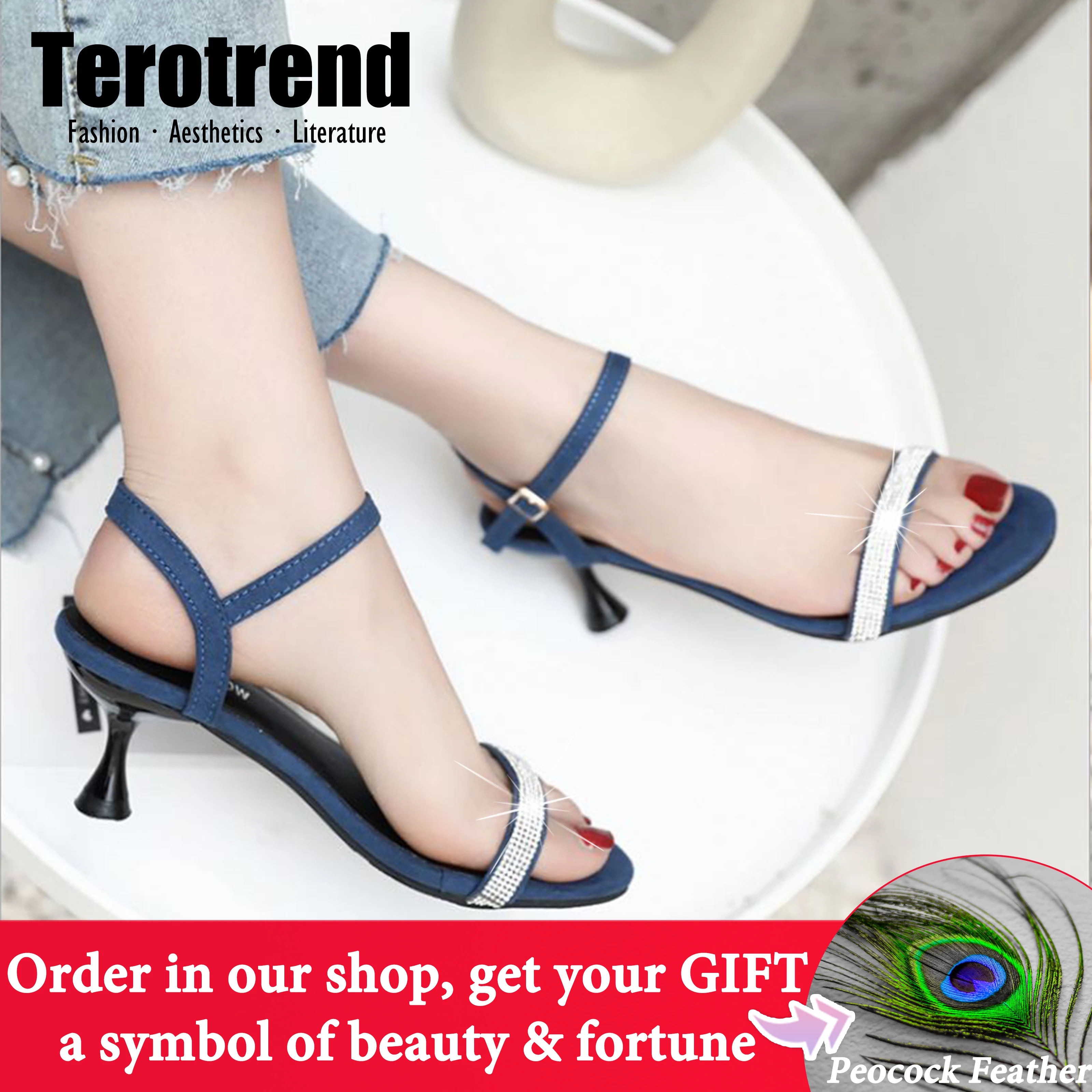 Женские Классические сандалии синие на высоком каблуке с кристаллами удобные