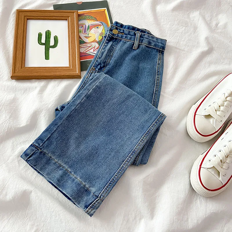 

Стройнящие прямые шикарные брюки в гонконгском стиле женские осенне-весенние джинсы свободные в Корейском стиле Instagram Широкие штаны с высо...