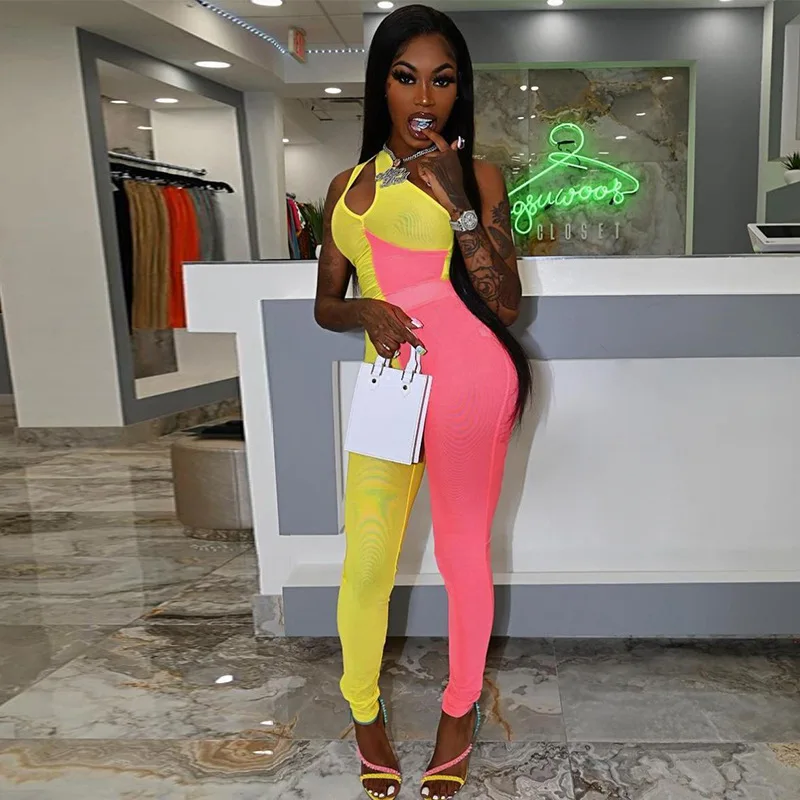 

Mesh Color Blocking Two Piece Set Women Hipster One Shoulder Hollow Out Bodysuit Top Sheath Body-Shaping Pants Streetwear Outfit
