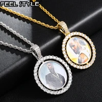 round rotating double sided iced out bling custom made photo cubic zircon necklacependant for men hip hop jewelry tennis chain