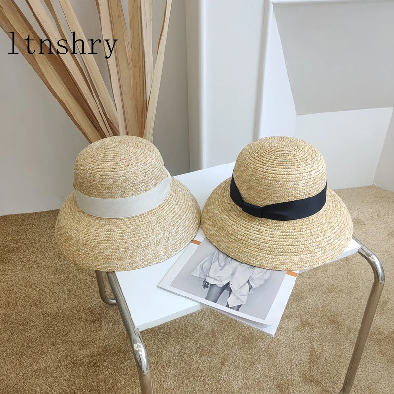 

2021 New Fashion Women Summer Floppy Hat Wheat Straw Hat with Black White Ribbon Sun Hat UV Protection Beach Cap