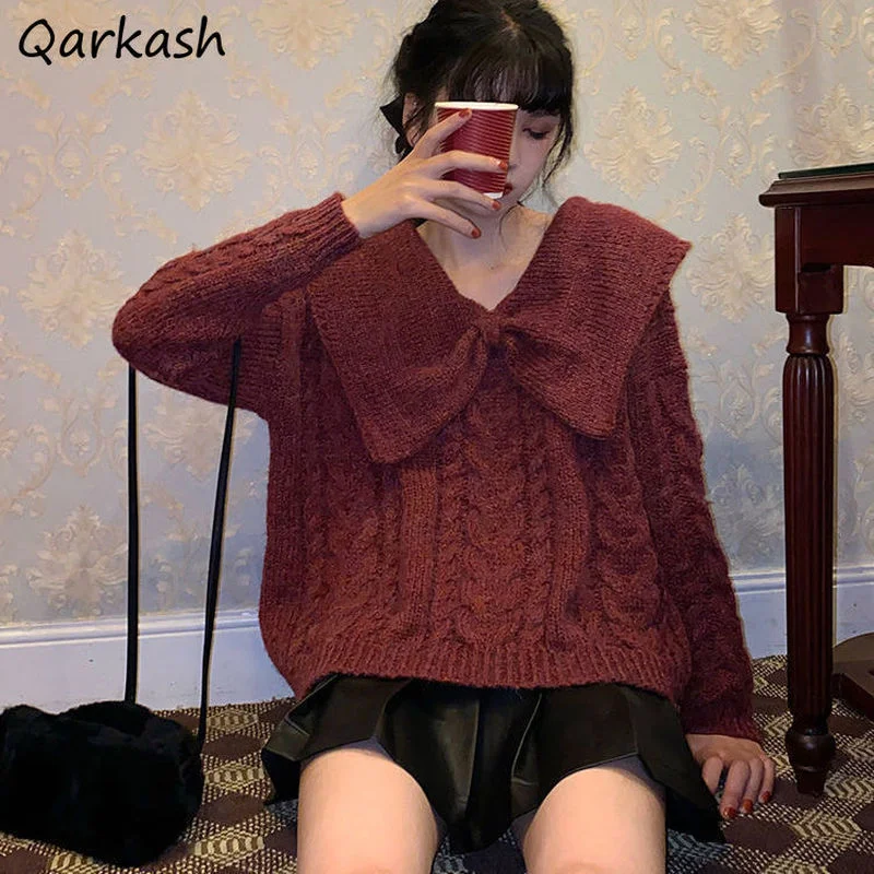 

Пуловеры женские милые красные с длинным рукавом, Дамский матросский воротник, свободная одежда с бантом, милая Универсальная Ретро модная ...