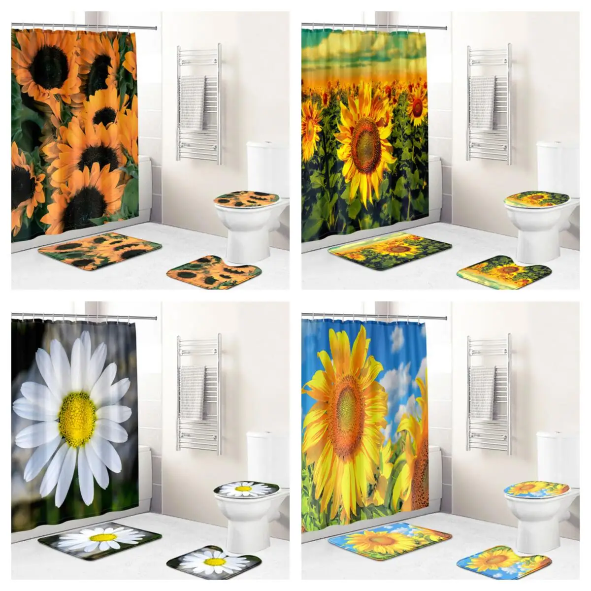 

3Drealistic Plant Beauty Sunflower Waterproof Fabric Bathroom Curtain Shower Curtain Cover Non Slip Carpet Toilet Cover Bath Mat