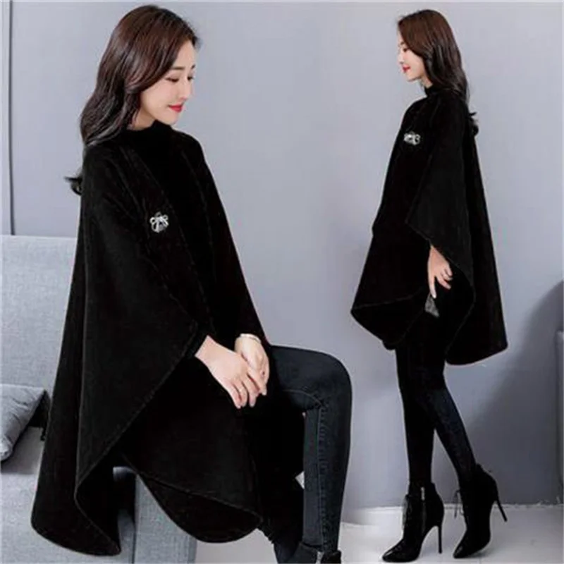 

Longfengni Woolen Coat Women Cloak-Style Top 2021Female Spring Autumn Casual Small Woolen Coat Irregular Shawl Loose Jacket A171
