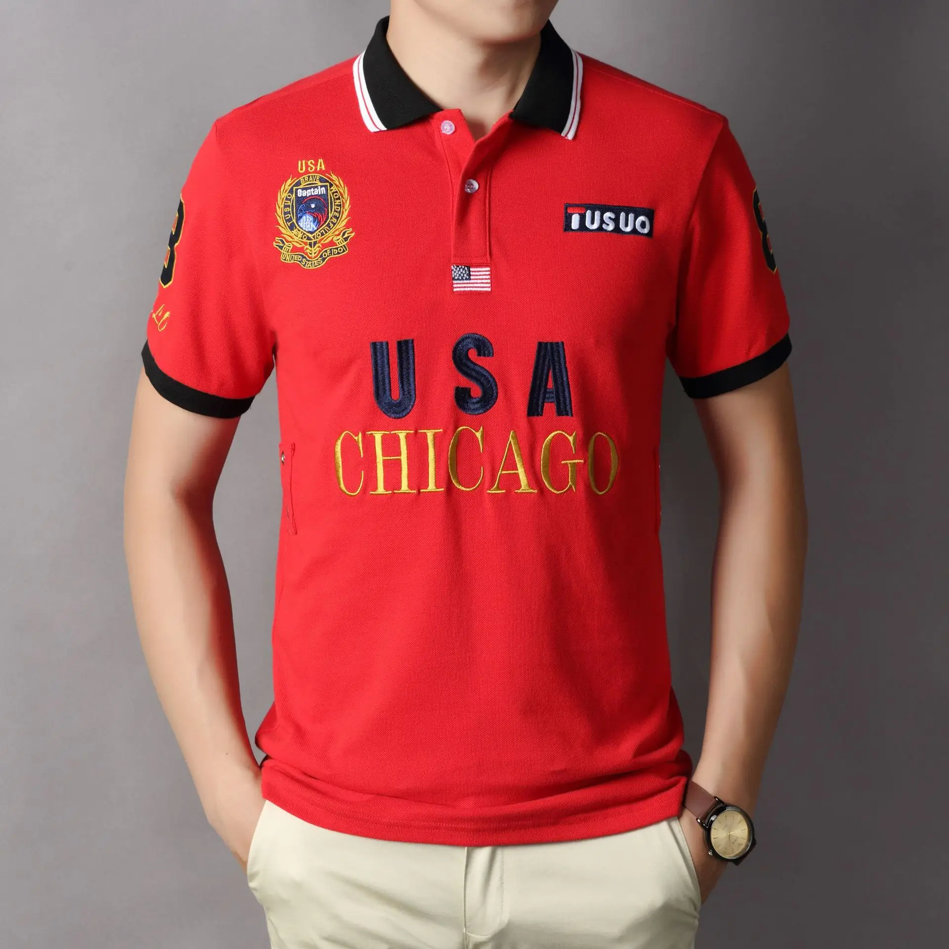 

USA CHICAGO Polo Shirts Men Embroidered Polos Tops Camisas Summer Cotton Short Men Clothing Plus Size XXL XXXL 4XL 5XL 6XL