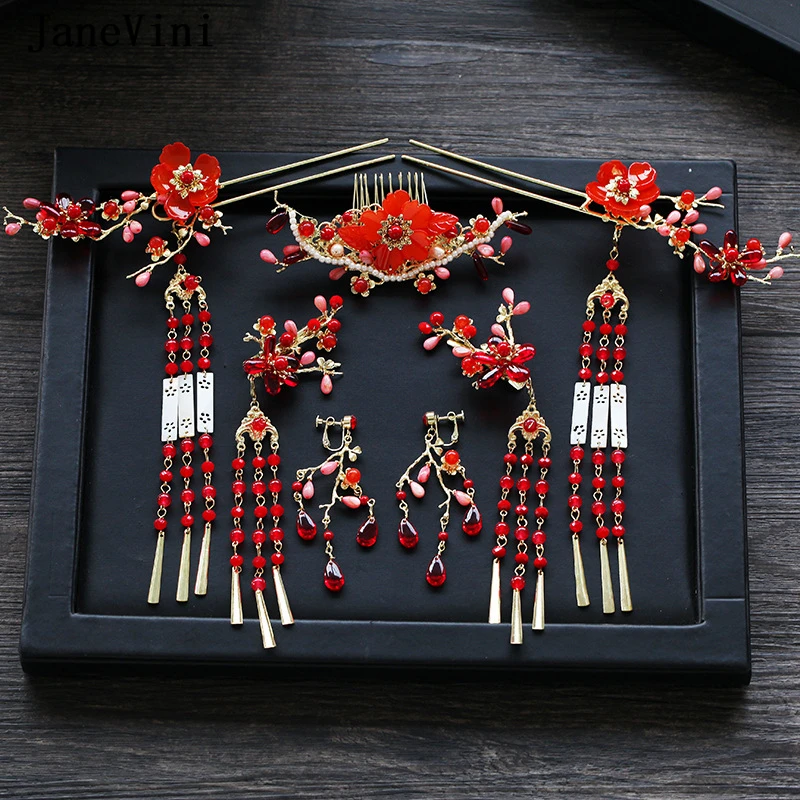 JaneVini роскошный китайский старинный свадебный красный цветочный бисерный