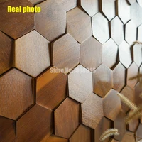 6pcs/box Modern 3D Wood Hexagon Wood Wall Panel 30x26cm Walnut Wood Mosaic Tile Wall Sticker for TV background Art Wall Decor