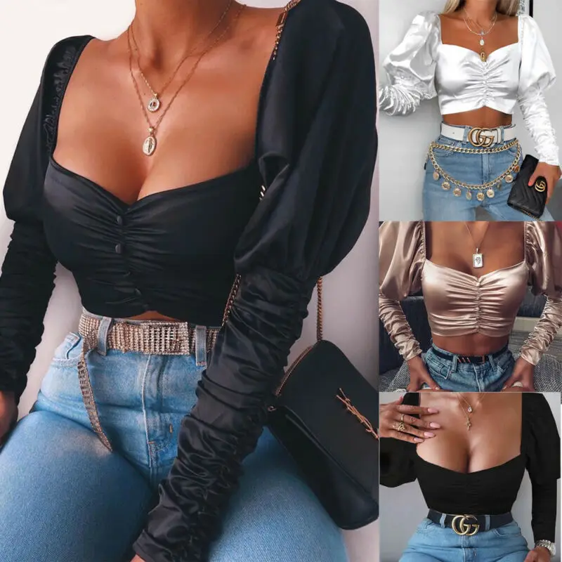 Модная женская летняя блузка Сексуальная рубашка с пышными рукавами фатиновая