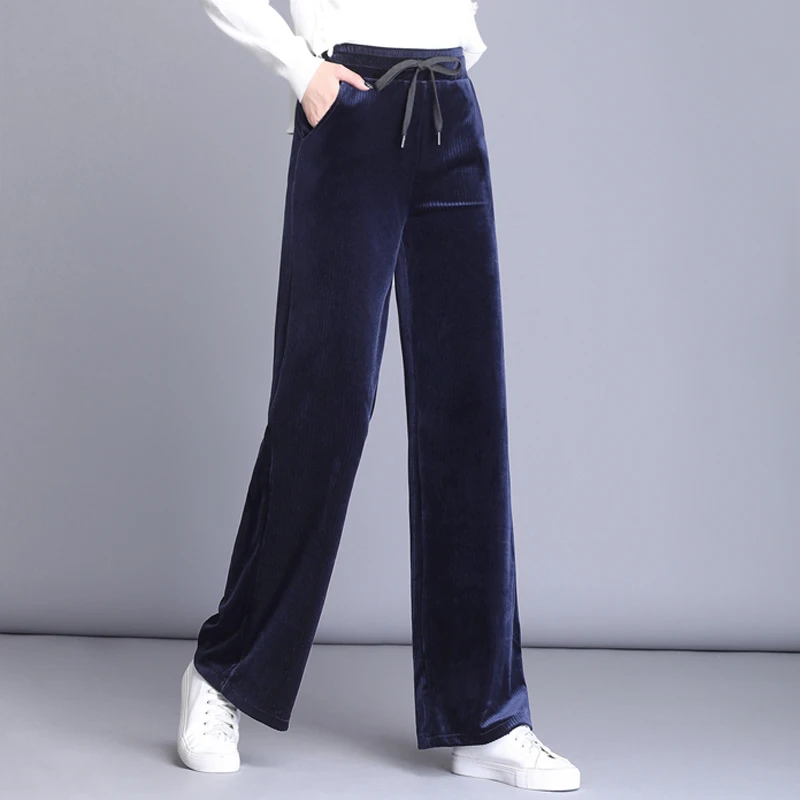 Dark blue Новые модные вельветовые лакированная бархатный ребристый бархатный, вельветовый ткань прямые брюки; свободные для женщин; Большие размеры 4xl 5xl 6xl Для женщин зима-осень Весна Повседневное брюки цвет: черный, синий - Цвет: Dark blue