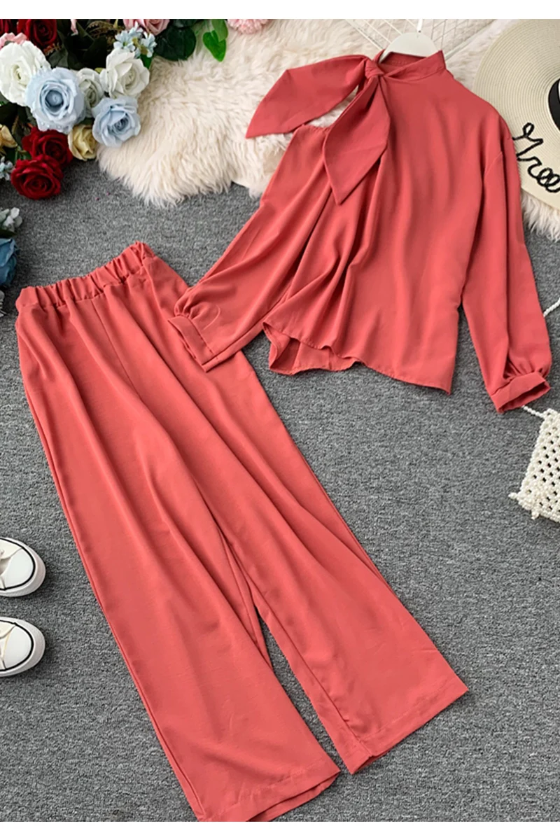 Autumn Women Off Shoulder Bowknot Pullover Suits Blouse &amp Long Leg Pants Urban Ladies Sleeves Elegant Solid 2 Piece Set | Женская