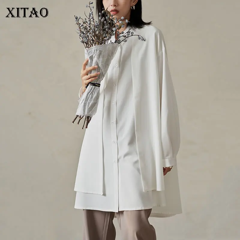 

XITAO, блузка с одной грудью, модная, новинка, женская, с длинным рукавом, богиня, веер, шифон, плиссированная, черная, белая, 2021, осенняя рубашка ...