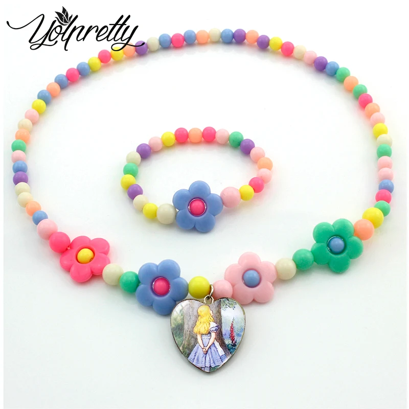 Новое поступление 2021, ожерелье «Алиса в стране чудес» с мультяшным цветком и звездой, стеклянные подвески с кабошоном в форме сердца, детское ожерелье, ювелирные изделия, подарки