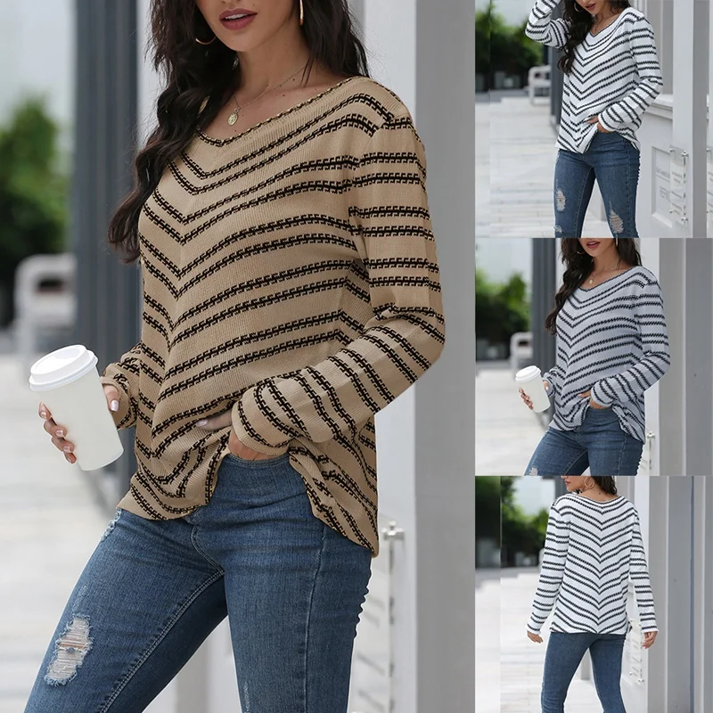 

Fashion Striped Knitted Sweater Women Autumn Pullover V-Neck Sweater Casual Loose Street Wear