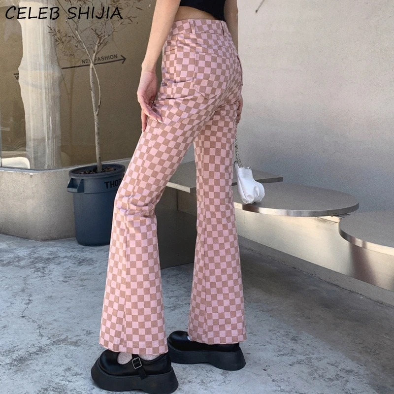 

SHIJIA Y2k Flare Pants for Woman Pink Plaid New Fashion Streetwear Women Pants Korean Bottom High Waist Clothes XL Fall