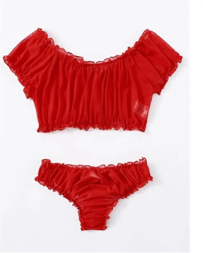 

2pcs Sexy Women Lady's Lingerie Set Solid Color Short Sleeve Lace Top, Elastic Slim Panties Underwear Set