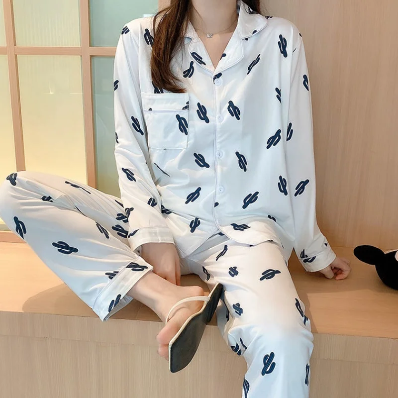 

Autumn Spring Pajamas Women Pure Cotton Long Sleeve Trousers Pajama Set Cactus Sleepwear Nightwear Girls Homewear Plus-size 2xl