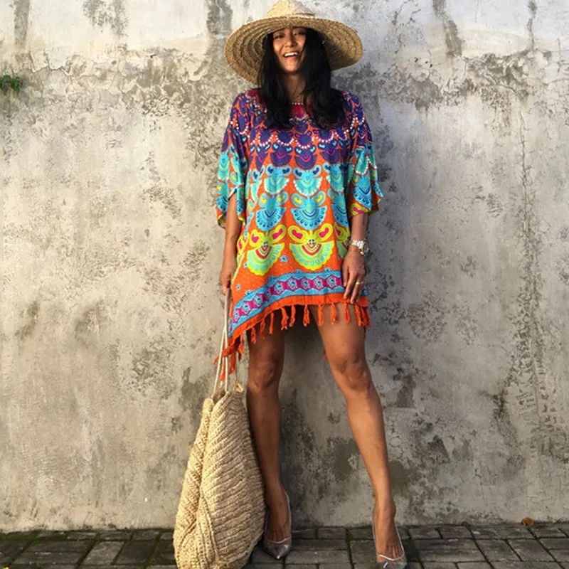 

Женская рубашка с коротким рукавом, свободная Длинная с кисточками, бикини, топы, модный принт с павлиньим хвостом, богемное платье для плав...