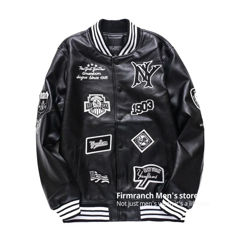 

2021 Men/Women Leather Black Baseball Jacket Thicken Cotton Padded Coat For Winter NY Embroidery Jacket Outwear