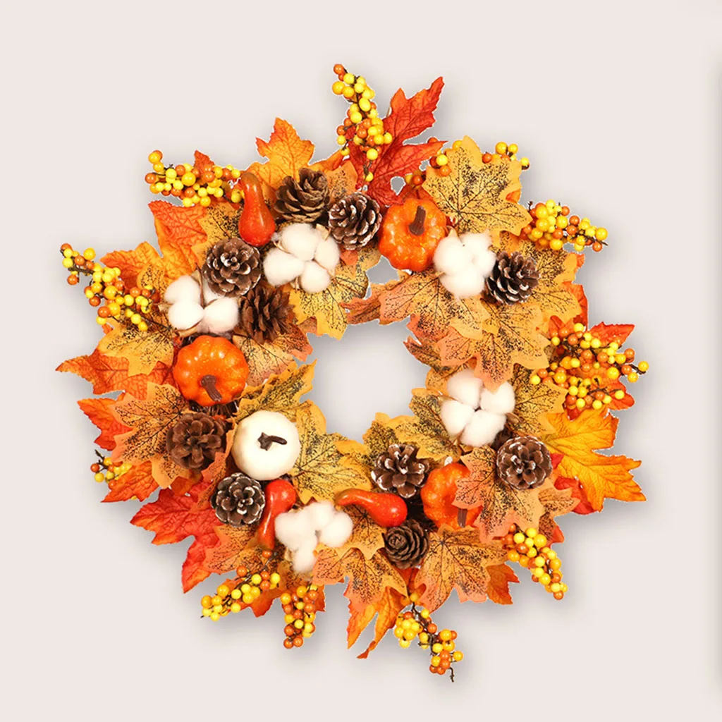 

Halloween Cotton Pumpkin Wreath Home Decor Hanging Pendant Garland Autumn Door Ornament Artificial Fall Decorative Wreath 45cm