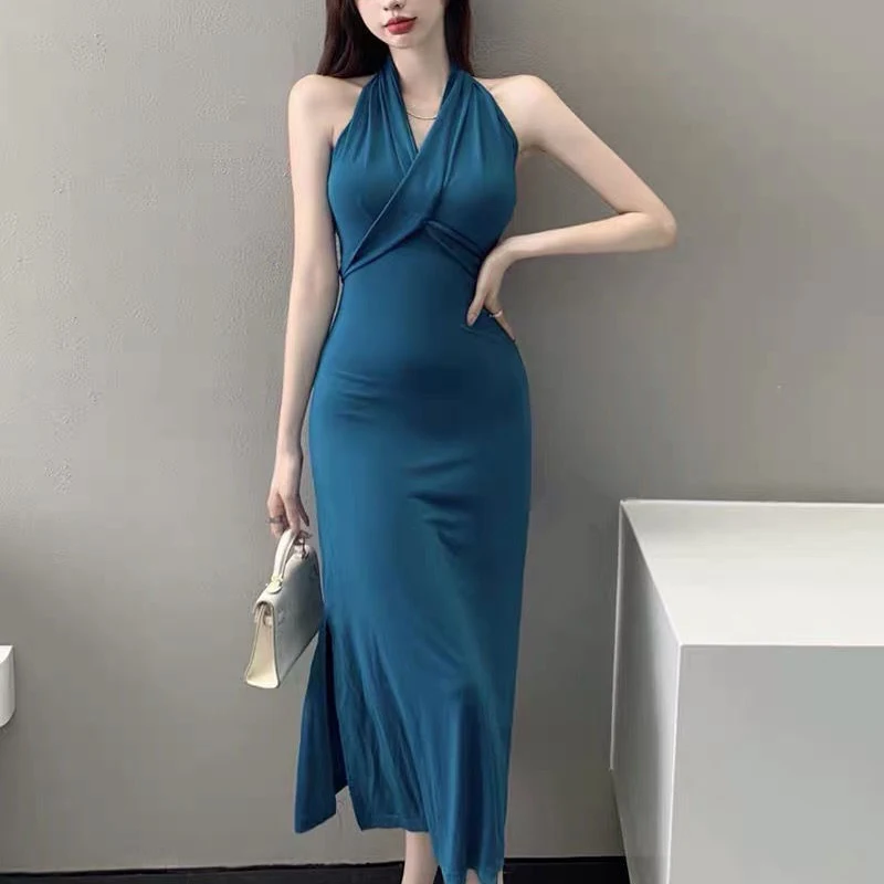 

2021 New Summer Design Sense V-neck low-breasted pleated strappy hip dress bandage dress vintage vestido de mujer