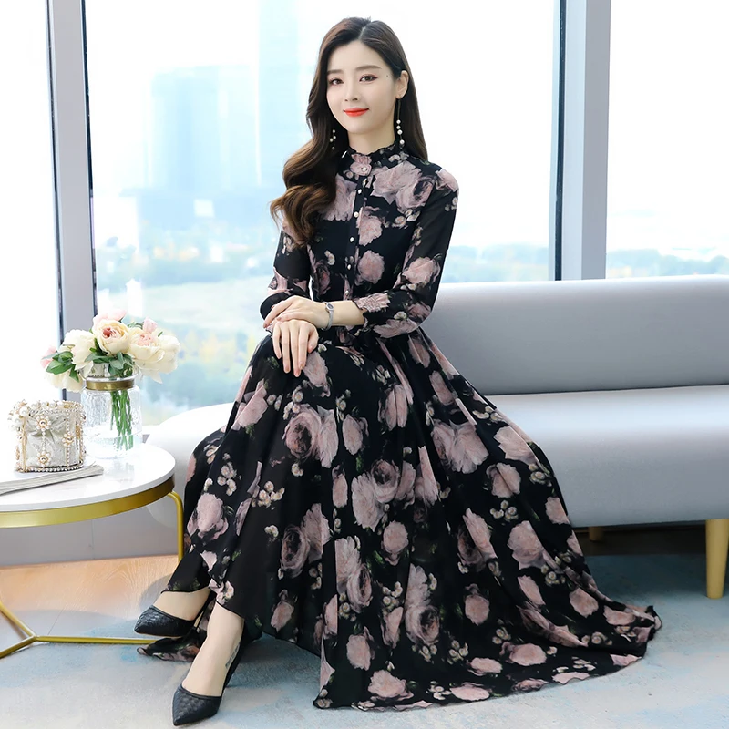 2021 summer boho black pink chiffon beach maxi dress vintage 4xl plus size long sleeve women dress elegant party dresses vestido free global shipping