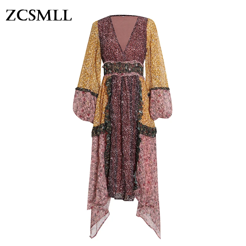 

Винтажное платье ZCSMLL с цветочным принтом, женское сексуальное платье с V-образным вырезом и рукавами-фонариками, женское платье с высокой та...