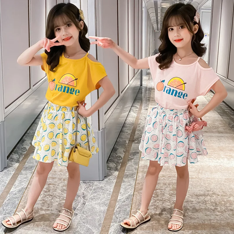 

New Summer Printing Short Sleeve Tops Set Kids Girls Cute Sweet Fruit Print Skirt+ T-shirt Suits Teenage Thin Breathable Outfit