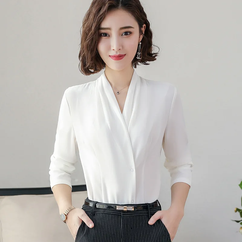 

Women Work Black White Korean Chiffon V-neck Blouses Tops Long Sleeve 2020 Spring Autumn Ladies Business Office Shirt Plus Size