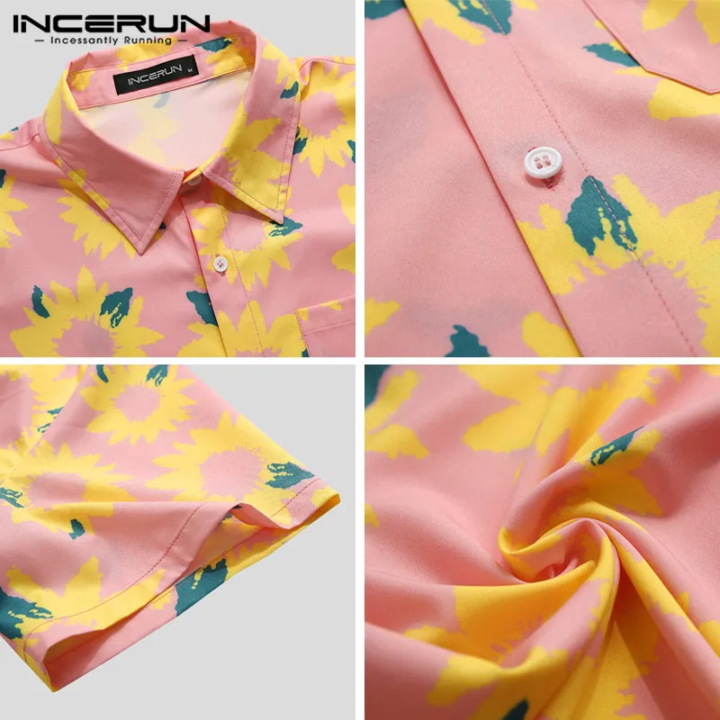 

INCERUN 2021 Summer Men Hawaiian Shirt Floral Print Streetwear Loose Lapel Casual Blouse Short Sleeve Vacation Camisa Plus Size