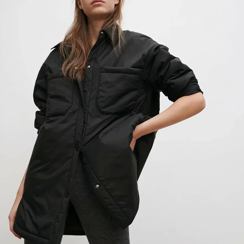 

Za Women Jacket Chunky Parkas Thin Long Coat Khaki Pocket Female Oversize Overshirt trf BF Button Long Sleeves Outwear Armygreen