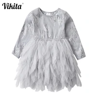 vikita girls layered dresses kids sequins birthday party prom elegant dresses children tulle mesh shinny princess vestidos