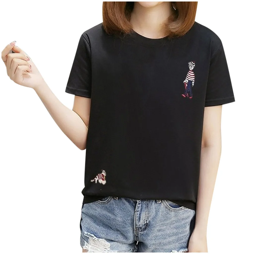 Женская футболка с коротким рукавом круглым вырезом и вышивкой|Футболки| |