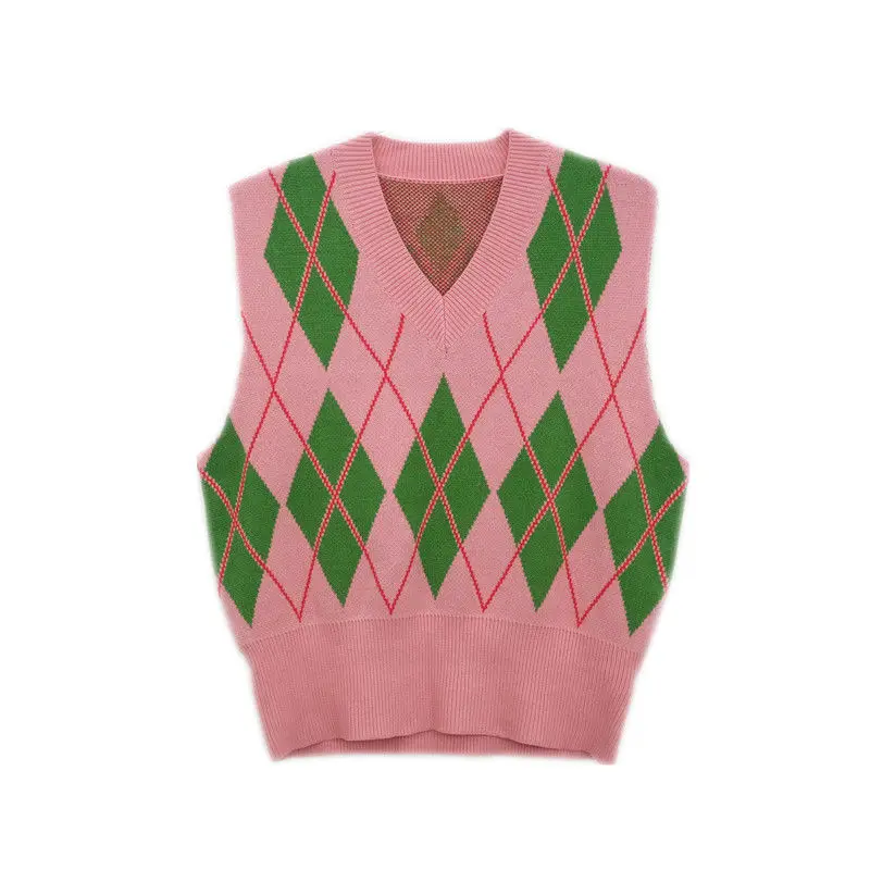 

Sweater Vest Women All-match Chic Streetwear Knitted Rhombus Pink Vests Autumn Fashion V-neck Preppy Style Harajuku Casual