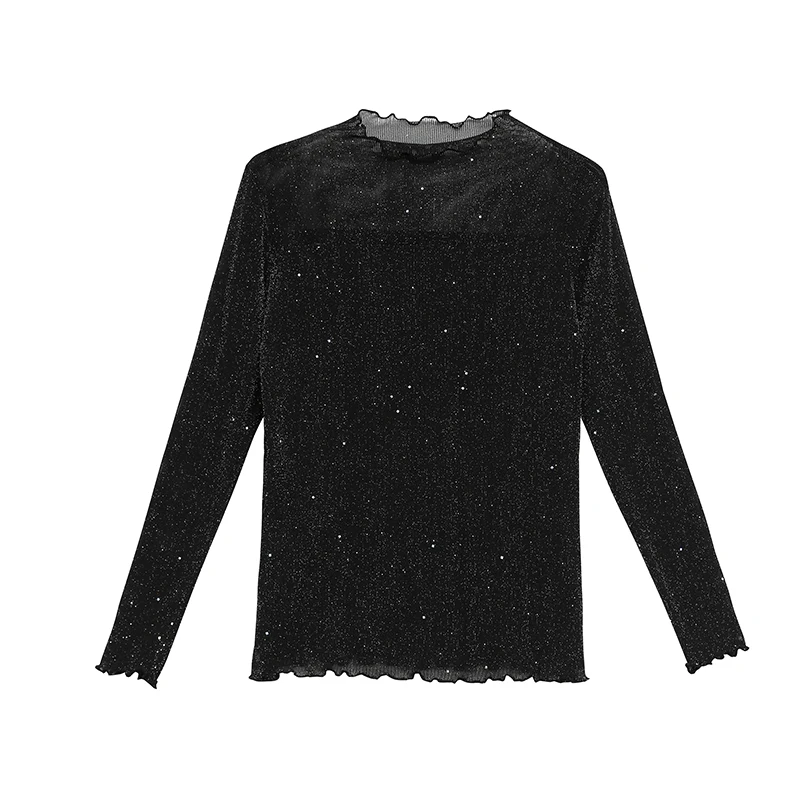 

Long Sleeve T-shirts For Women Fall Mesh See Through Thin Tops Tees Black Half Turtleneck Underwear T-shirts Female Casual Wear