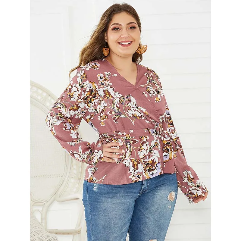 Женская блузка WHZHM с цветочным принтом V образным вырезом и длинным