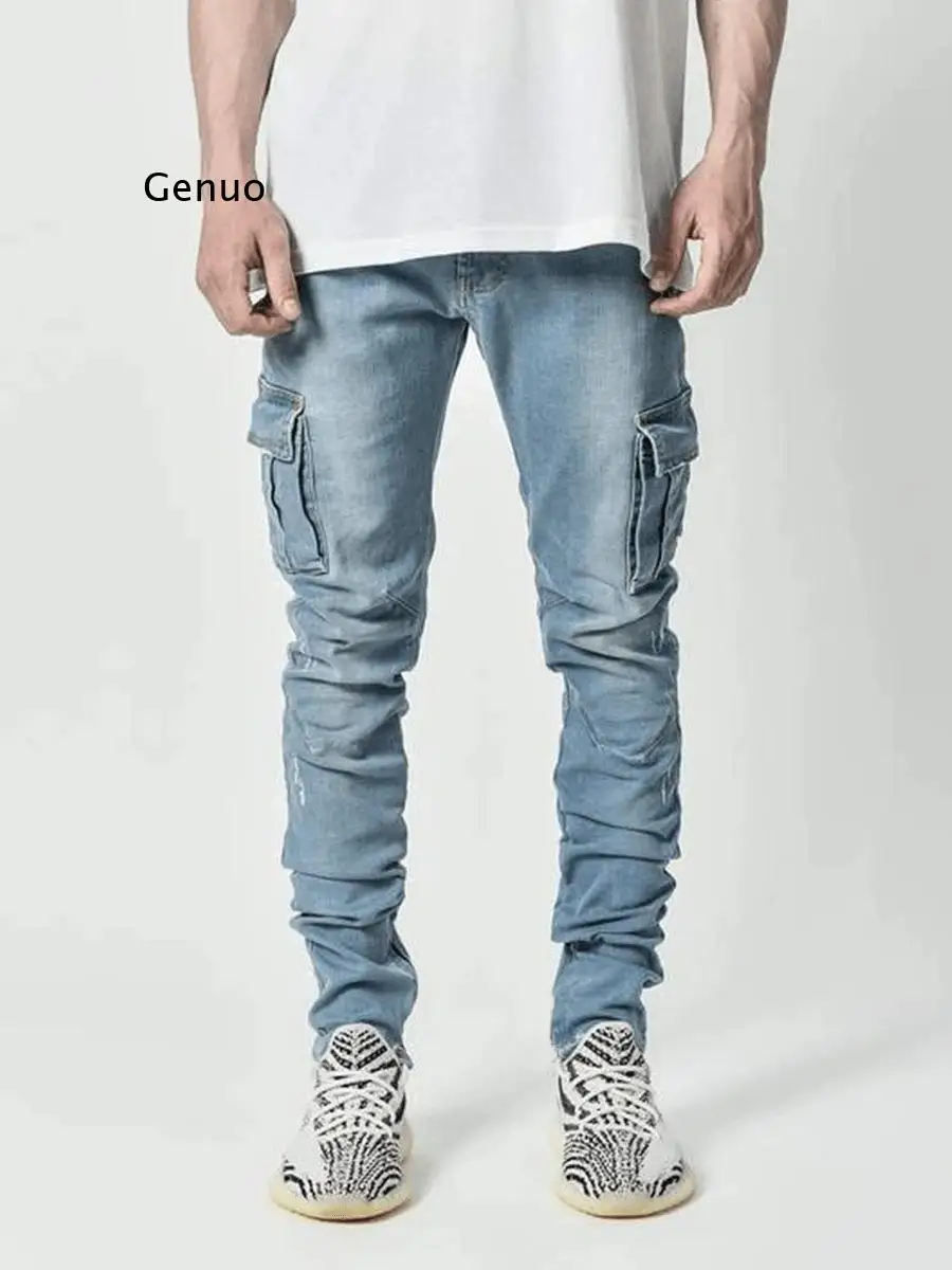 Jeans Men Pants Casual Cotton Denim Trousers Multi Pocket Cargo Jeans Men New Fashion Denim Pencil Pants Side Pockets Cargo
