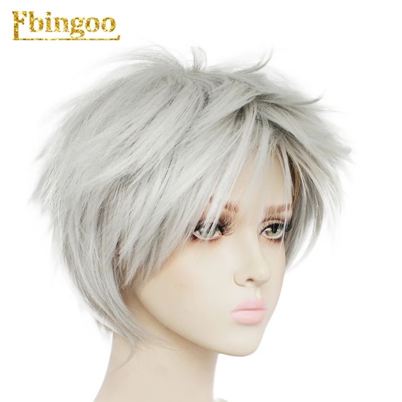 Ebingoo, парик Kaneki Ken, короткий, прямой, серебристо-серый, синтетический, косплей, аниме, парики для мальчиков, жаростойкость+ шапка для волос