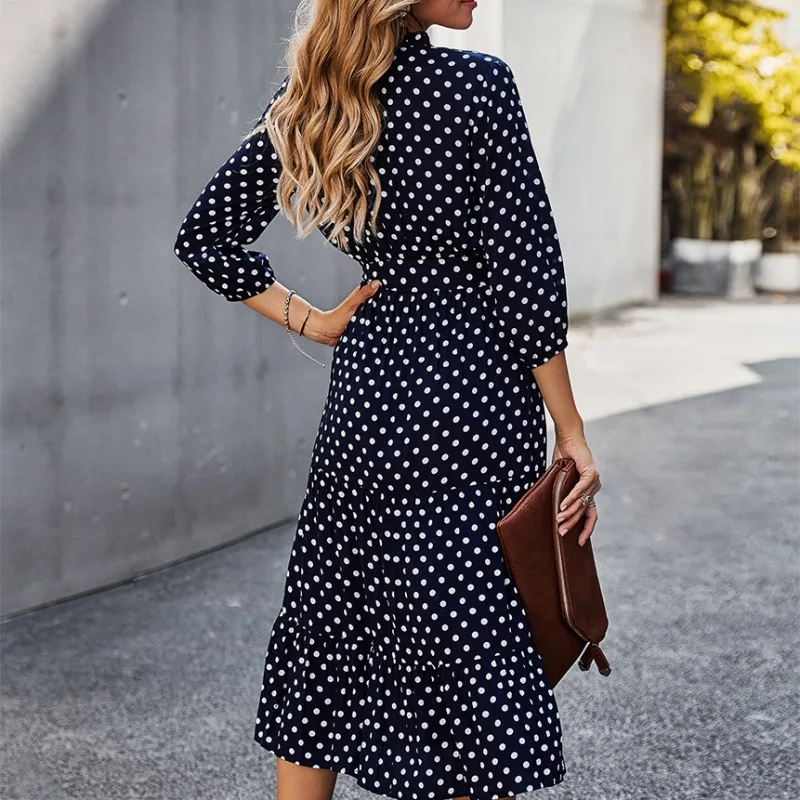 

Ladies Classic Polka Dot Print Dress Women V-Neck Casual Vestido Spring Autumn Long Sleeve High Waist Dress