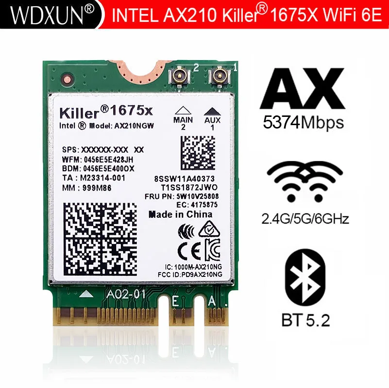 Intel AX210 AX210NGW Killer 1675x AX1675x Wi-Fi 6E 802.11AX двухдиапазонный 2 4G 5G 6G 5374 Мбит/с Bluetooth 5 M.2 NGFF