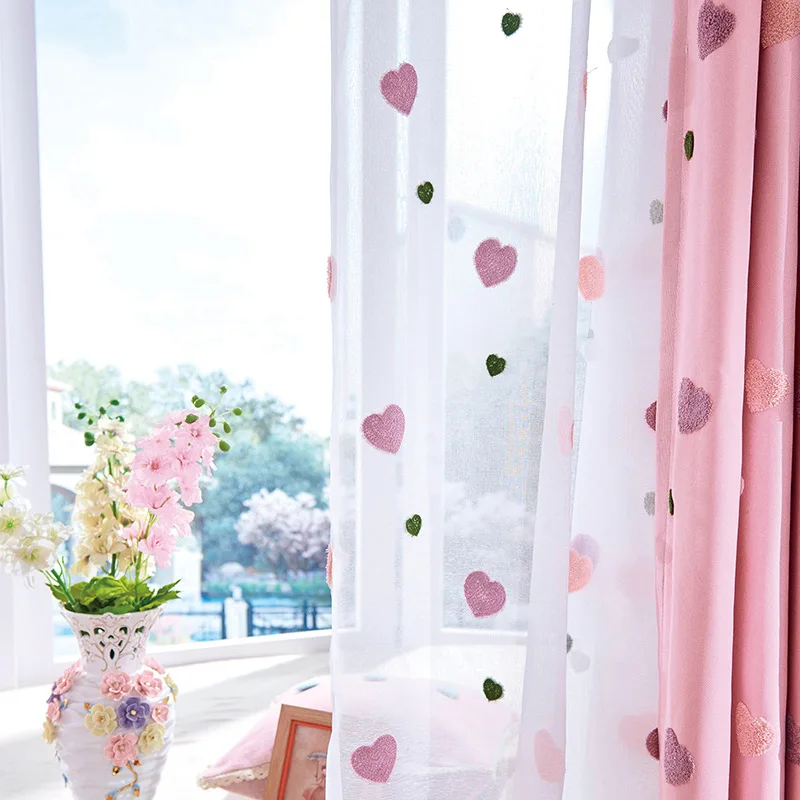 Pink Cartoon Blackout Curtain For Baby Girls Children Bedroom Embroidered 3D Love Heart Window Curtain Living Room White Tulle